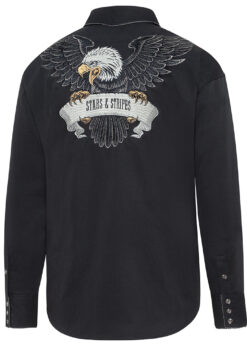 Westernhemd Black Eagle schwarz | ein echtes Highlight für Western - Cowboy - Reitfans | aufwendige Verarbeitung und stilvollen Details Western Hemd Black Eagle | by Joc's Country Corner | aufwendig gestckten Adler am Rücken | farblich abgestimmte Kordelpaspelierung | Größen S -3 XL
