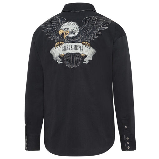 Westernhemd Black Eagle schwarz | ein echtes Highlight für Western - Cowboy - Reitfans | aufwendige Verarbeitung und stilvollen Details Western Hemd Black Eagle | by Joc's Country Corner | aufwendig gestckten Adler am Rücken | farblich abgestimmte Kordelpaspelierung | Größen S -3 XL