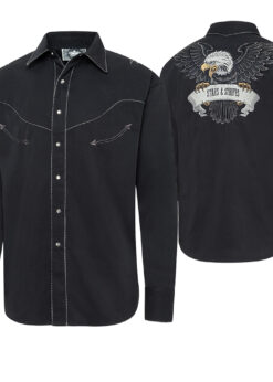 Westernhemd Black Eagle schwarz | ein echtes Highlight für Western - Cowboy - Reitfans | aufwendige Verarbeitung und stilvollen Details Western Hemd Black Eagle | by Joc's Country Corner | aufwendig gestckten Adler am Rücken | farblich abgestimmte Kordelpaspelierung | Größen S -3 XL