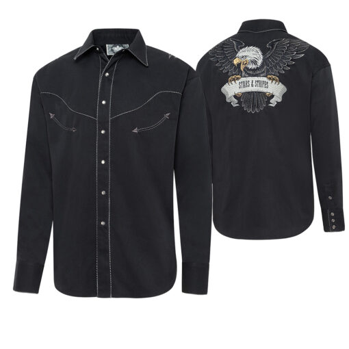 Westernhemd Black Eagle schwarz | ein echtes Highlight für Western - Cowboy - Reitfans | aufwendige Verarbeitung und stilvollen Details Western Hemd Black Eagle | by Joc's Country Corner | aufwendig gestckten Adler am Rücken | farblich abgestimmte Kordelpaspelierung | Größen S -3 XL