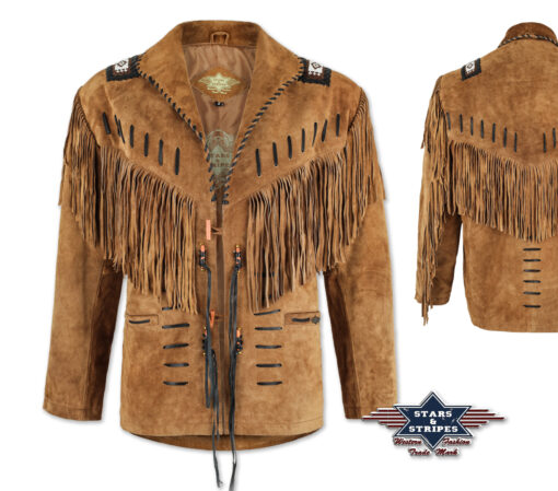 Western Leder Jacke Buffalo | bei Joc's Country Corner | Perlenapplikationen an den Schultern | Lederbandverzierungen | eine Innentasche | mit Fransen
