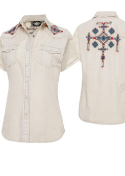 Western Cowgirl Bluse | bei Joc's Country Corner | Atzteken Bluse Betty | Westernbluse in beige | leichte Waschung | effektvolle Stickerei | im Azteken-Look