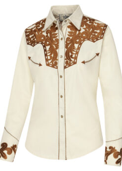Elegante Westernbluse mit großartiger Stickerei an Brust, Rücken und Manschetten. Die Knopfleiste ist durch eine Kordelpaspelierung abgesetzt. Die Fake Smileys und die fünffach geknöpften Manschetten spiegeln die klassische Westernmode wider.