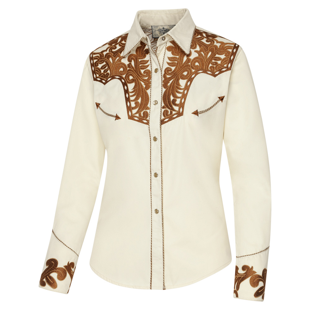 Elegante Westernbluse mit großartiger Stickerei an Brust, Rücken und Manschetten. Die Knopfleiste ist durch eine Kordelpaspelierung abgesetzt. Die Fake Smileys und die fünffach geknöpften Manschetten spiegeln die klassische Westernmode wider.