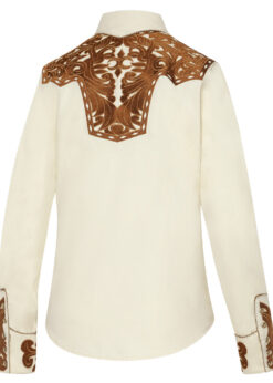 Elegante Westernbluse mit großartiger Stickerei an Brust, Rücken und Manschetten. Die Knopfleiste ist durch eine Kordelpaspelierung abgesetzt. Die Fake Smileys und die fünffach geknöpften Manschetten spiegeln die klassische Westernmode wider.
