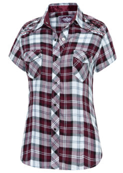 Kurzarm Westernbluse mit Karomuster | Stickerei, Brusttaschen & Satinbesatz. Perfekt für Country, Line Dance & sommerliche Western-Outfits.