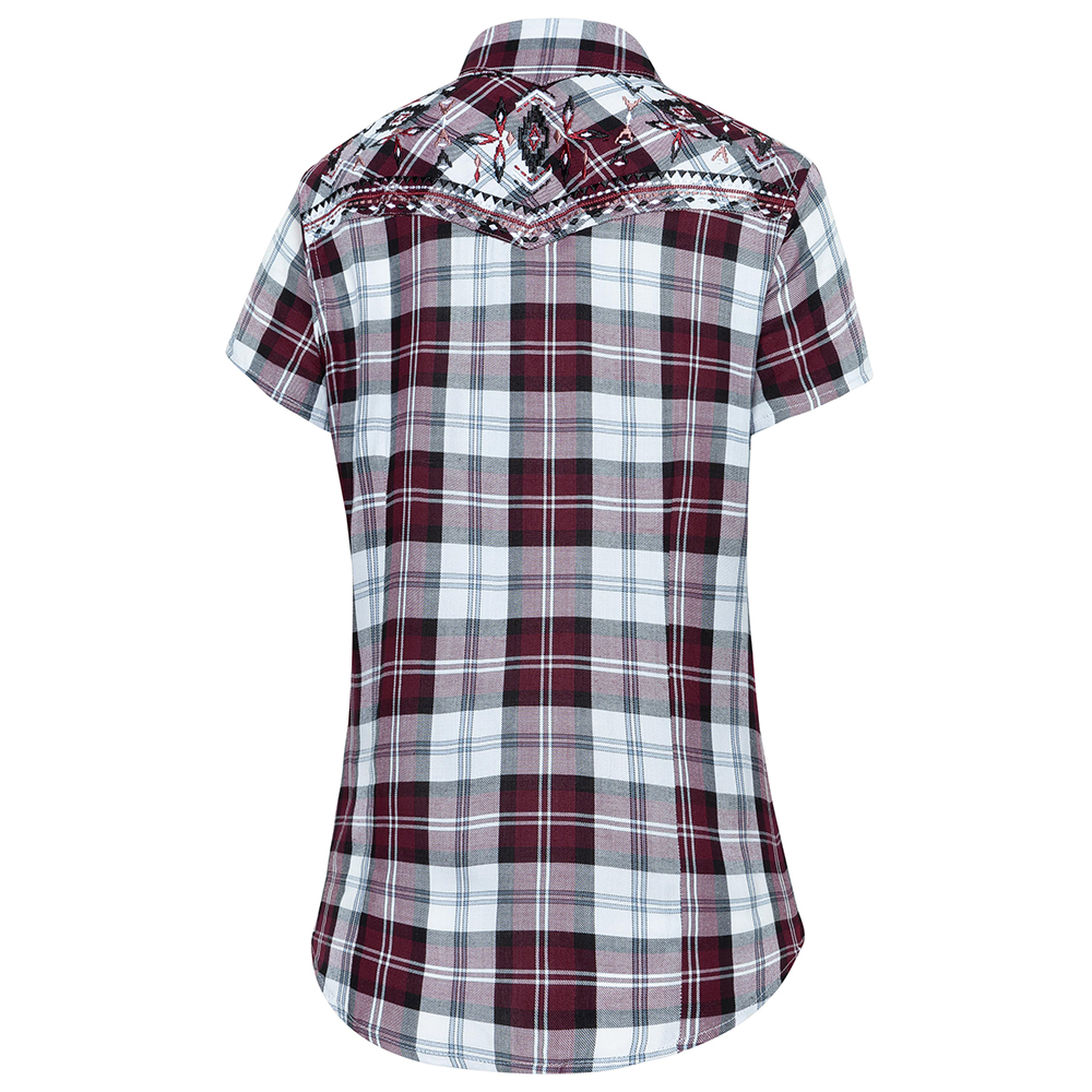 Kurzarm Westernbluse mit Karomuster | Stickerei, Brusttaschen & Satinbesatz. Perfekt für Country, Line Dance & sommerliche Western-Outfits.