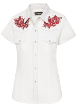 Western Country Trucker Bluse | Aufwendige Stickereien | Westernpasse vorne und hinten | Klassische Passe, weiße Druckknöpfe & aufgesetzte Brusttaschen