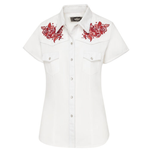 Western Country Trucker Bluse | Aufwendige Stickereien | Westernpasse vorne und hinten | Klassische Passe, weiße Druckknöpfe & aufgesetzte Brusttaschen