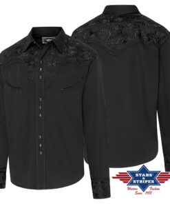 Exquisites schwarzes Westernhemd mit Westernpasse. Großartige Stickerei an Brust und Rücken. Harmonisch abgestimmt mit Kordelpaspelierung