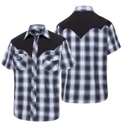 Kurzarm Westernhemd schwarze Kontrastpasse | für Herren mit Karomuster in Blau-Braun und schwarzem Schulteryoke | Mit Brusttaschen und Druckknöpfen