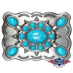 Cowboy Gürtelschnalle Buckle türkise Steine | kratzfest | korrosionsbeständig | langlebig |. Ideal für den täglichen Gebrauch | bei jedem Outfit
