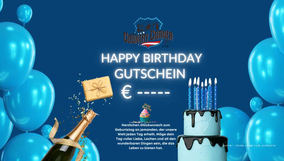 🎁 Geburtstagsgutschein – Westernmode verschenken Überrasche mit einem Geburtstagsgutschein von Joc’s Country Corner! Einlösbar für Westernmode, Stars & Stripes, Scippis Outdoor-Bekleidung und Western-Accessoires