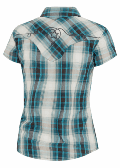 Karierte Damen Kurzarm Westernbluse | mit Stickerei | Satinbesatz & Druckknöpfen | Perfekter Partnerlook zum Herrenhemd JEFF BLUE | jetzt entdecken