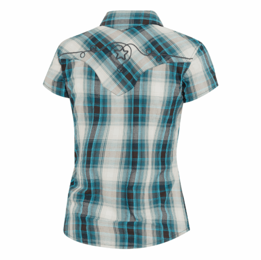 Karierte Damen Kurzarm Westernbluse | mit Stickerei | Satinbesatz & Druckknöpfen | Perfekter Partnerlook zum Herrenhemd JEFF BLUE | jetzt entdecken