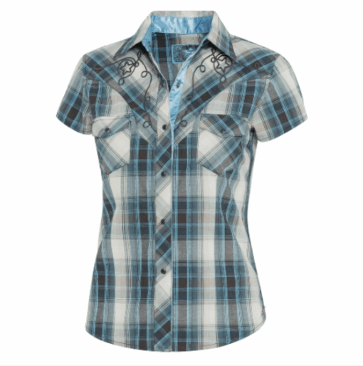 Karierte Damen Kurzarm Westernbluse | mit Stickerei | Satinbesatz & Druckknöpfen | Perfekter Partnerlook zum Herrenhemd JEFF BLUE | jetzt entdecken