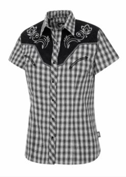 Damen Kurzarm Westernbluse Clara | kariert mit Stickerei – Westernpasse & Fake-Smileys | passend zu Hemd CALEB | Perfekt im Partnerlook