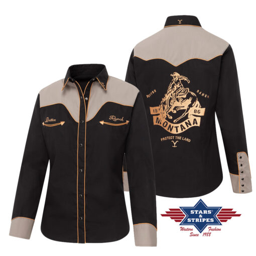 Yellowstone Westernbluse Cowgirl | pflegeleichte Baumwollstruktur | stilvolle Optik | Festivals , Line Dance, Westernreiten | Freizeit-Outfits.