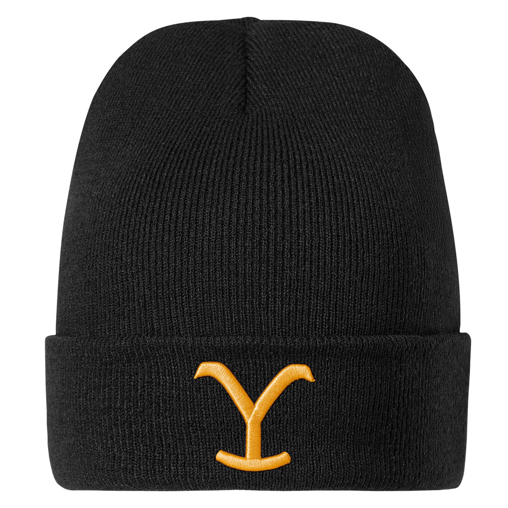Schwarze Yellowstone Beanie mit gelbem Y-Branding auf der Front