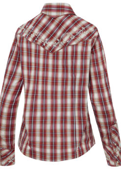 Karierte Westernbluse Damen rot weiß mit Stickerei und Kordelpaspelierung