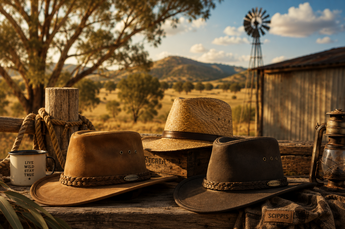 Joc's Country Corner Sommer. Sonne. Australian Spirit. Entdecke die Scippis Sommerkollektion – leichte, hochwertige Hüte für Freizeit, Reisen und jedes Outdoor-Abenteuer. KI generiert