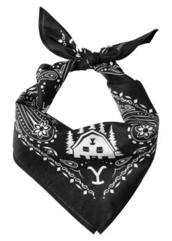 Yellowstone Bandana in Schwarz und Gelb mit Paisley-Muster, Yellowstone Logo und Dutton Ranch Bunkhouse Motiv