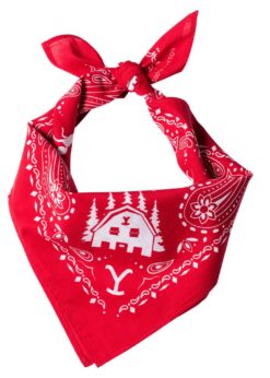 Yellowstone Bandana rot mit Paisley-Muster, Yellowstone Logo und Dutton Ranch Bunkhouse Motiv