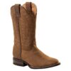 Hellbrauner handgefertigter Cowboystiefel aus Rindsleder mit Vintage-Bestickung und robuster Gummisohle.