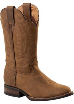 Hellbrauner handgefertigter Cowboystiefel aus Rindsleder mit Vintage-Bestickung und robuster Gummisohle.