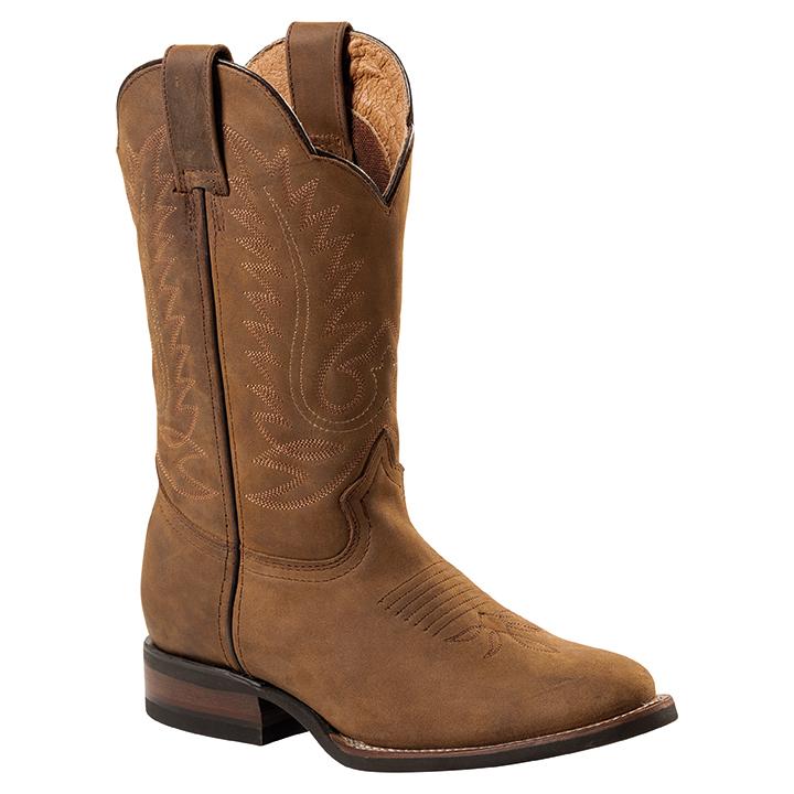 Hellbrauner handgefertigter Cowboystiefel aus Rindsleder mit Vintage-Bestickung und robuster Gummisohle.