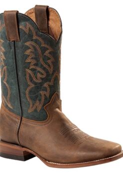 Two-Tone Westernstiefel aus braunem Rindsleder mit petrolfarbenem Schaft und goldener Flammenstickerei