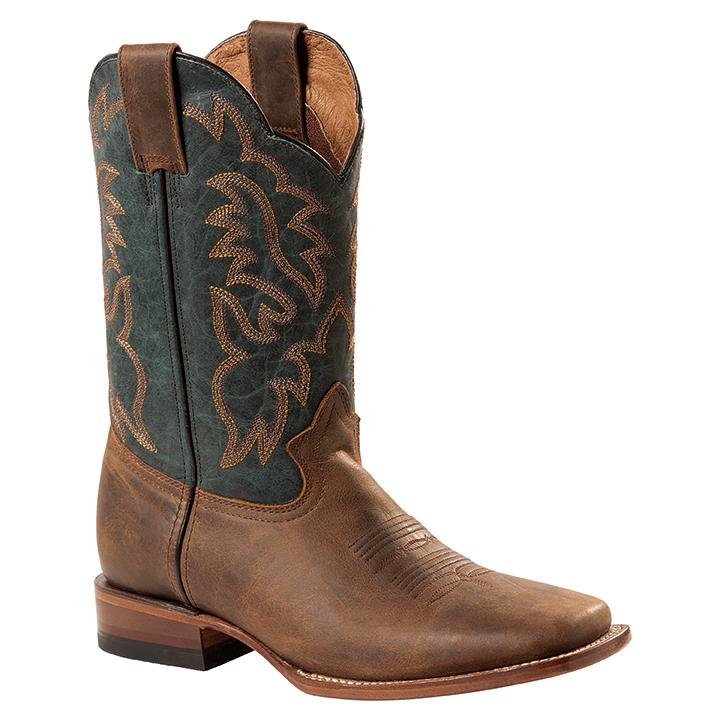 Two-Tone Westernstiefel aus braunem Rindsleder mit petrolfarbenem Schaft und goldener Flammenstickerei