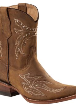 Helle Damen-Westernstiefelette aus Rindsleder mit Stickerei und Ziernieten
