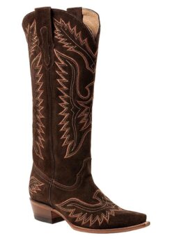Damen Western-Langschaftstiefel aus dunkelbraunem Veloursleder mit Adler-Stickerei