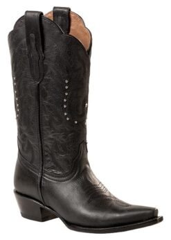 Schwarzer Damen Cowboystiefel aus Rindsleder mit Ton-in-Ton Flammenstickerei und silberfarbenen Nieten