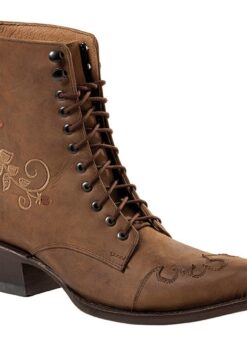Damen Western-Schnürstiefelette aus mittelbraunem Rindsleder mit Rosen-Stickerei