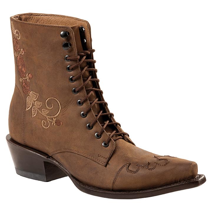 Damen Western-Schnürstiefelette aus mittelbraunem Rindsleder mit Rosen-Stickerei