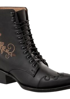 Schwarze Damen Western-Schnürstiefelette aus Rindsleder mit Rosen-Stickerei und Budapester-Verzierung