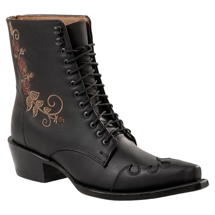 Schwarze Damen Western-Schnürstiefelette aus Rindsleder mit Rosen-Stickerei und Budapester-Verzierung