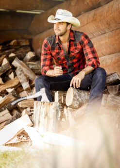 Westernhemd Herren im Stone-Washed-Look mit Black-Denim-Schulterbesatz und Ahornblatt-Applikation
